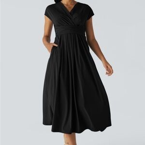 Breezeful V Neck Short Sleeve Side Pocket Tie Back Quick Dry Midi Casual Dress ✨